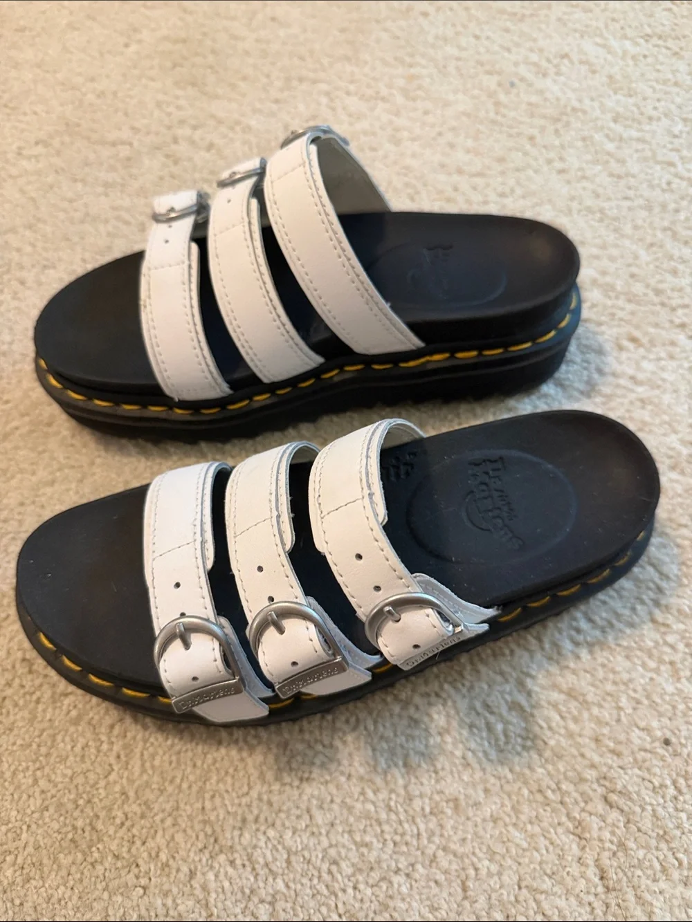 Dr. Martens White Triple-Strap Slide Sandals with Yellow Stitching